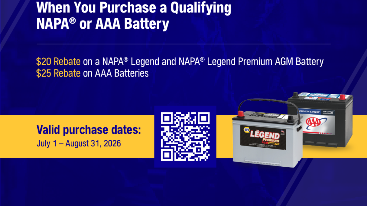 NAPA AutoCare battery rebate flyer, up to $25 prepaid card, July 1 to August 31 2026