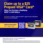 NAPA AutoCare battery rebate flyer, up to $25 prepaid card, July 1 to August 31 2026