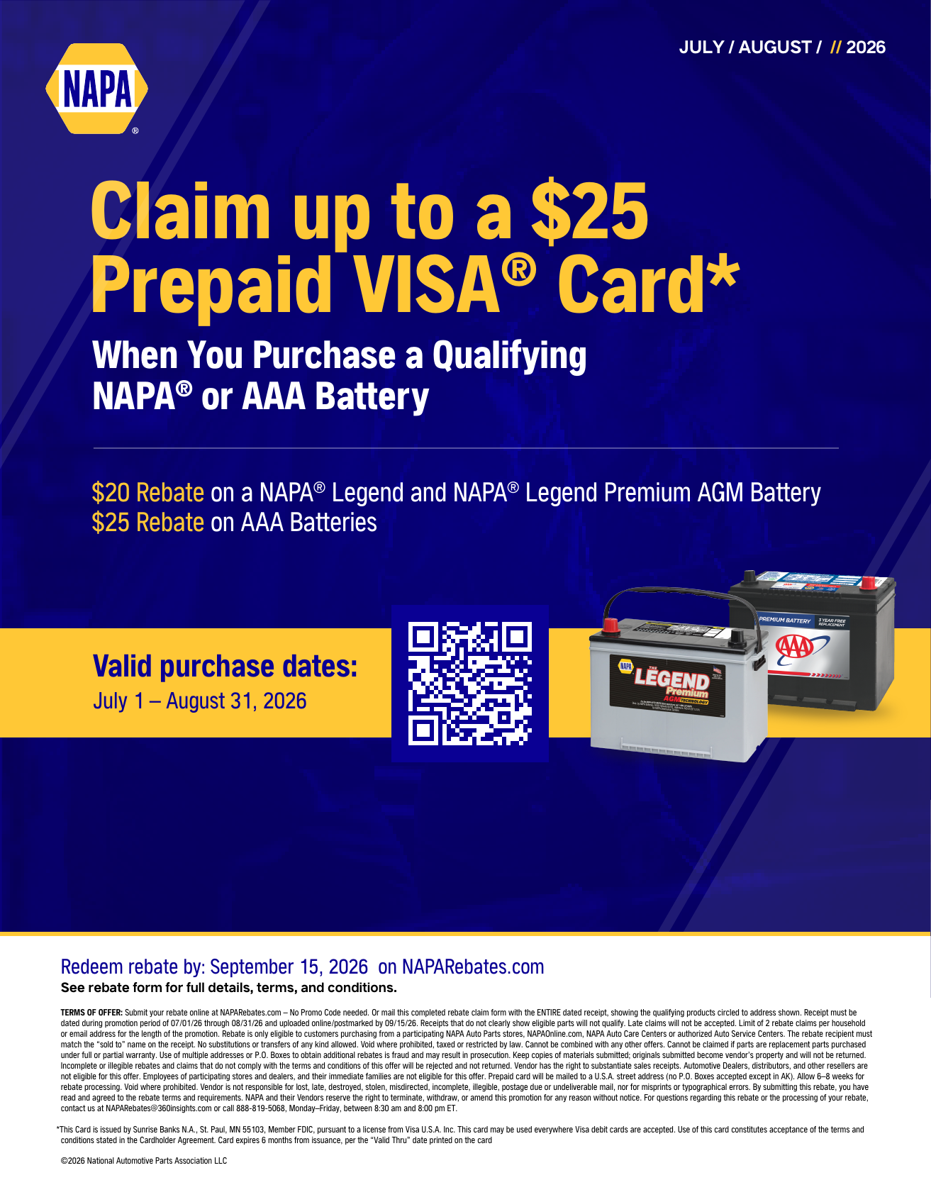 NAPA AutoCare battery rebate flyer, up to $25 prepaid card, July 1 to August 31 2026