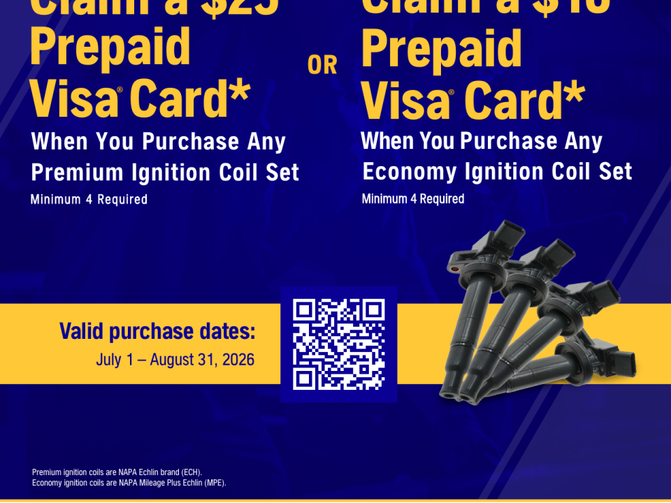 NAPA AutoCare ignition coil rebate flyer, up to $25 prepaid card, July 1 to August 31 2026