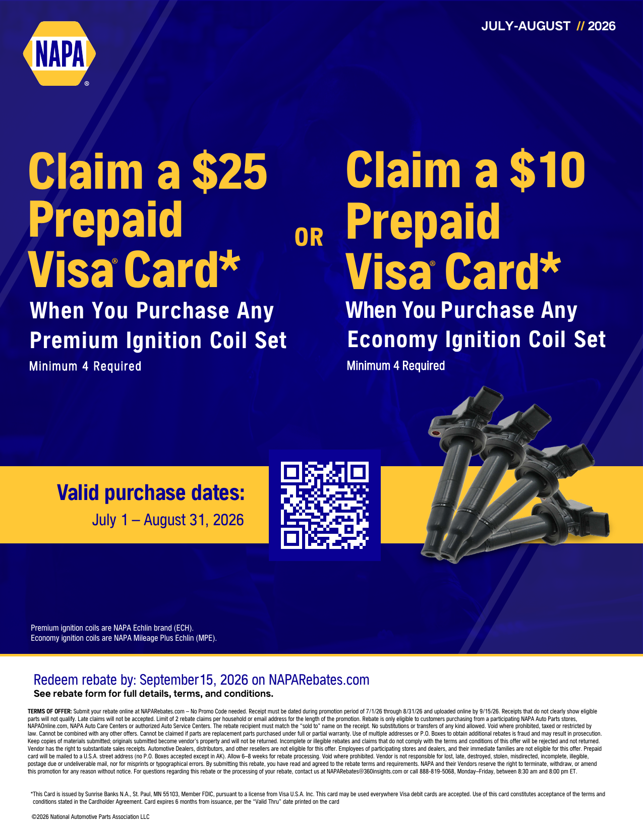 NAPA AutoCare ignition coil rebate flyer, up to $25 prepaid card, July 1 to August 31 2026